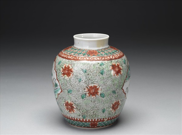 五彩山水花卉紋蓋罐