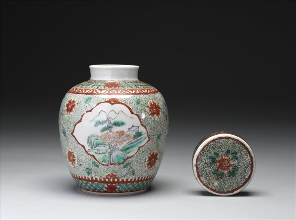 五彩山水花卉紋蓋罐