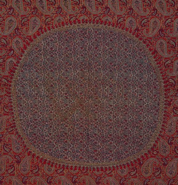 喀什米爾 紅地佩斯利紋毛織刺繡披肩