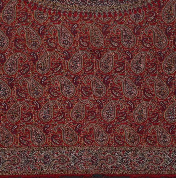 喀什米爾 紅地佩斯利紋毛織刺繡披肩