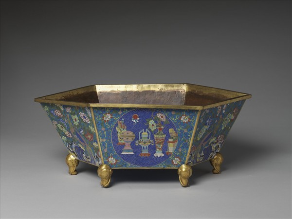 掐絲琺瑯花鳥博古圖盆