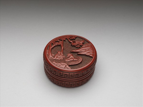 剔紅山水人物圓盒