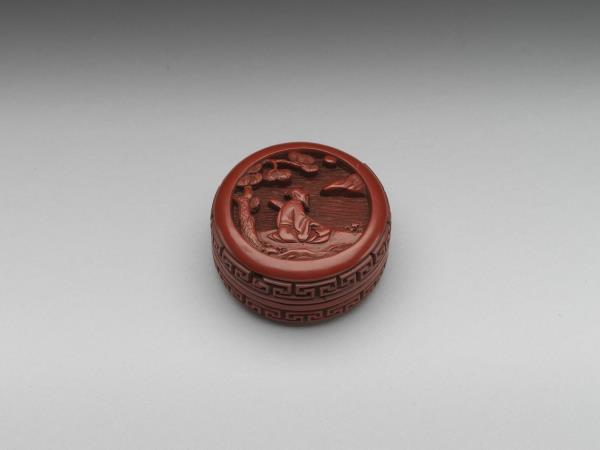 剔紅松下撫琴圓盒