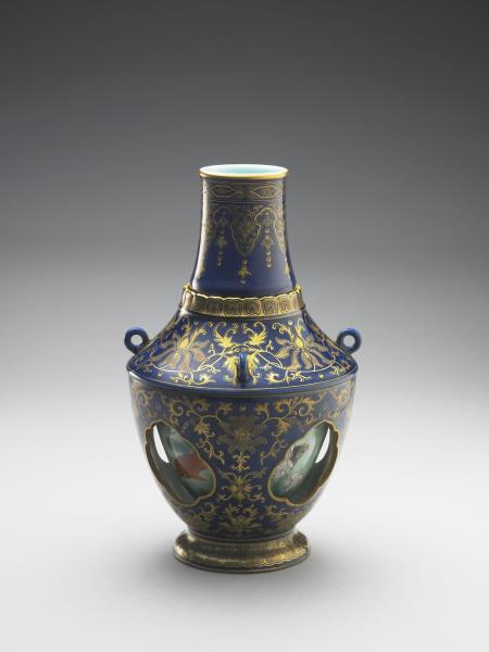 霽青描金游魚轉心瓶