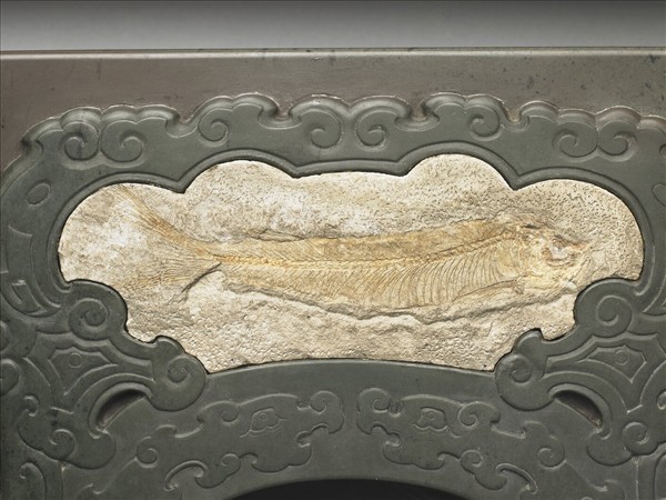 松花石嵌魚化石及玻璃夔龍紋硯盒