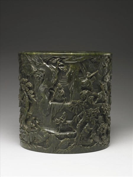 玉秋山獵騎筆筒