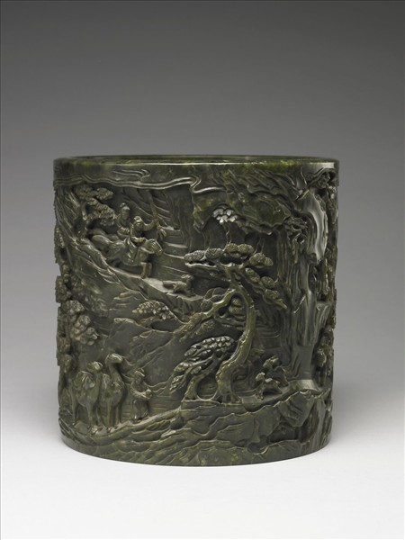 玉秋山獵騎筆筒