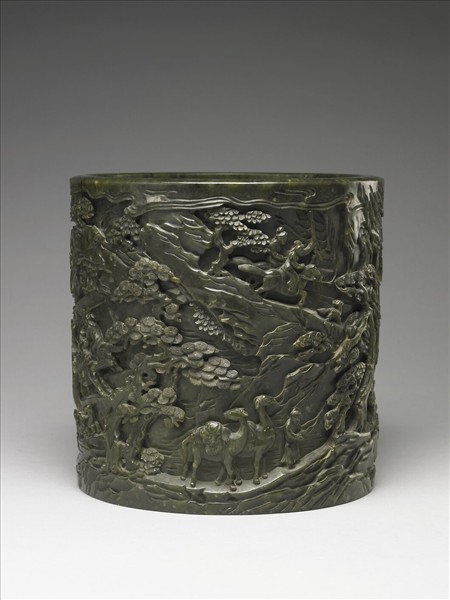 玉秋山獵騎筆筒