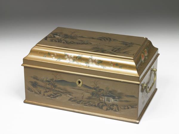 金漆彩繪山水人物長方盒