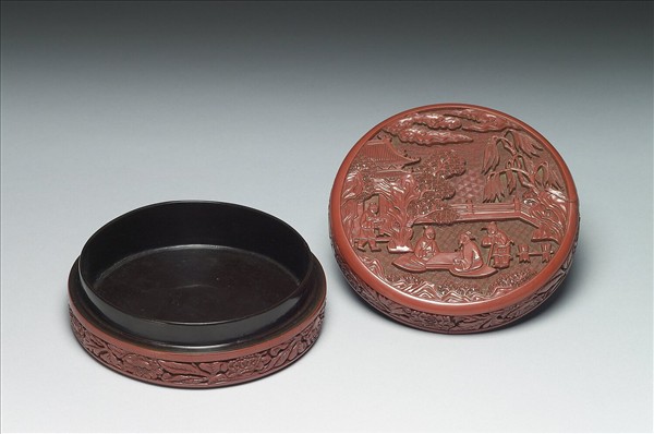 剔紅山水人物圓盒