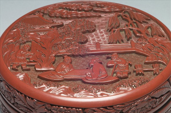 剔紅山水人物圓盒