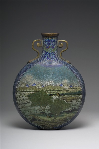 掐絲琺瑯春耕圖扁壺