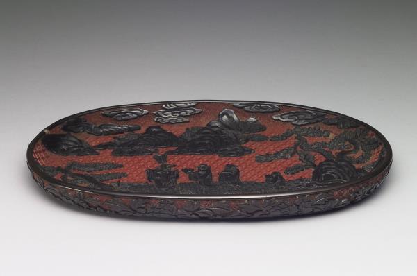 剔黑山水人物橢圓盤