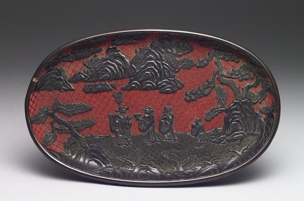 剔黑山水人物橢圓盤