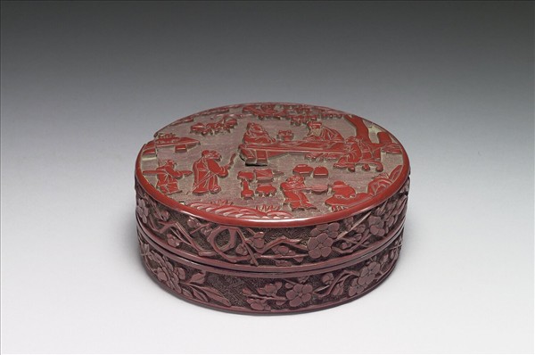 剔紅庭園人物圓盒