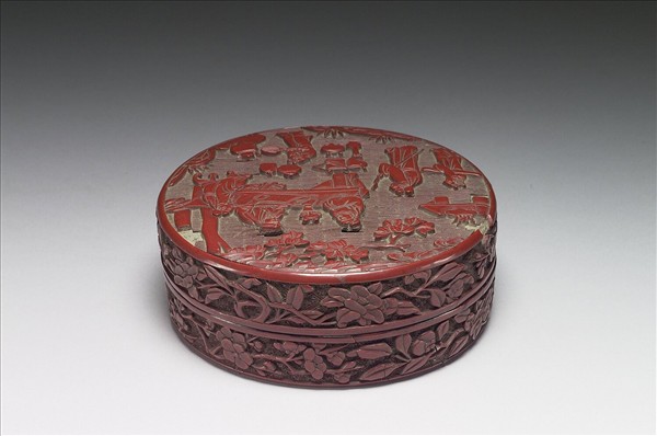 剔紅庭園人物圓盒