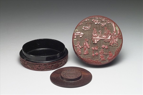 剔紅庭園人物圓盒