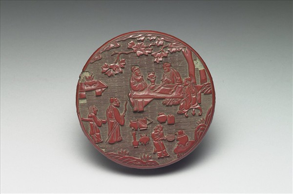 剔紅庭園人物圓盒