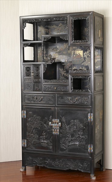 紫檀山水人物紋亮格櫃 （一對）