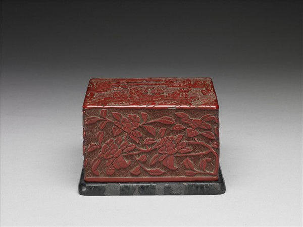 Carved-red lacquer rectangular box decorated with figures in landscape by Unknown artist