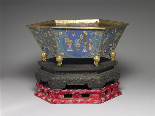 掐絲琺瑯花鳥博古圖盆