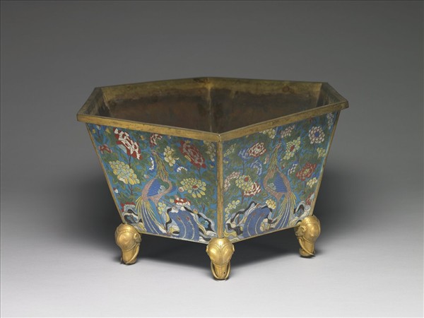 掐絲琺瑯花鳥博古圖盆