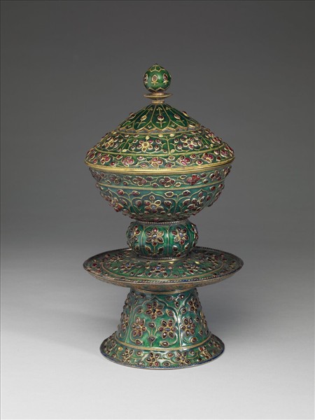 內填琺瑯嵌寶高足蓋碗