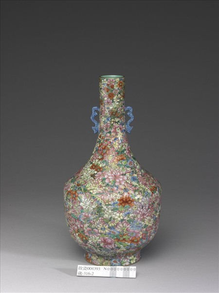 洋彩百花錦紋螭耳瓶