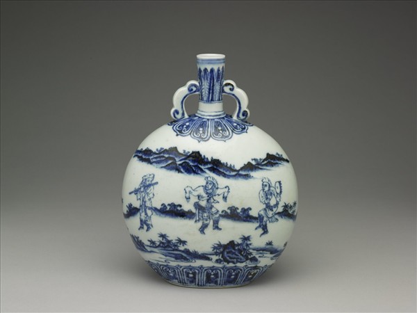 青花人物紋如意耳扁壺