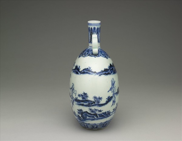 青花人物紋如意耳扁壺