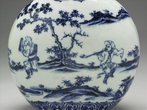 青花人物紋如意耳扁壺