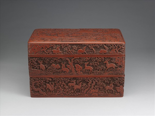 剔紅鹿苑長春圖多寶格長方盒