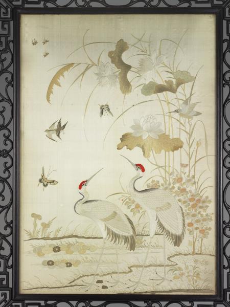 刺繡柳蔭斑鳩、荷塘雙鶴屏風（一對）