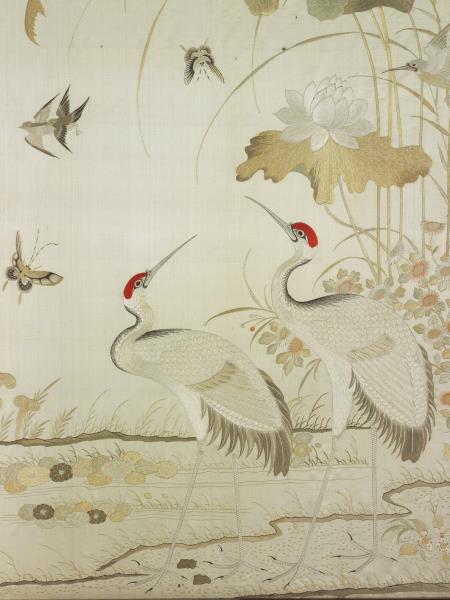 刺繡柳蔭斑鳩、荷塘雙鶴屏風（一對）