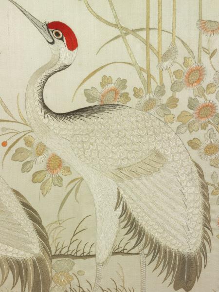 刺繡柳蔭斑鳩、荷塘雙鶴屏風（一對）